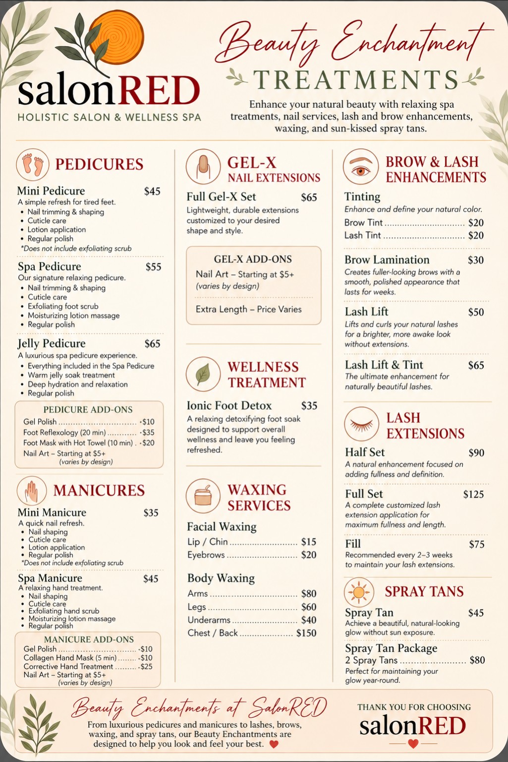 Beauty Enchantment Treatments menu