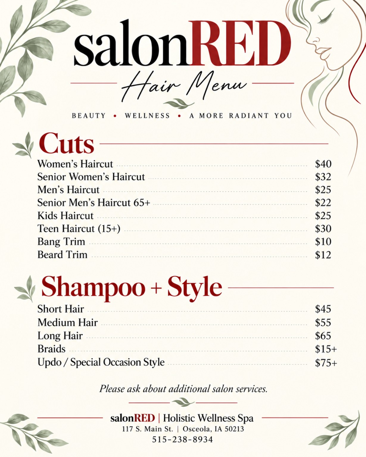 salonRED Hair Menu page 1